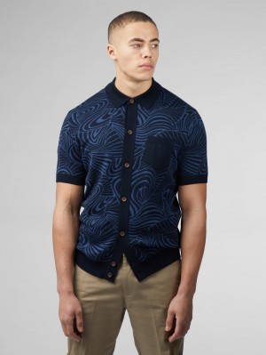 Ben Sherman B by Ben Sherman Swirl Jacquard Button Through Polo Knitwear Navy | 957UTXCIH