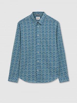 Ben Sherman Floral Print Long-Sleeve Shirts Blue Grey | 647OPHWKA