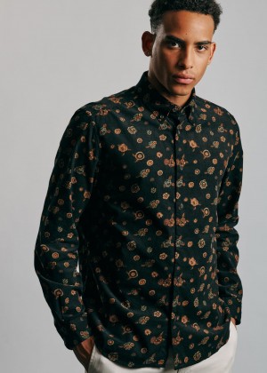 Ben Sherman Retro Floral Print Corduroy Shirts Black | 509OBYQMF