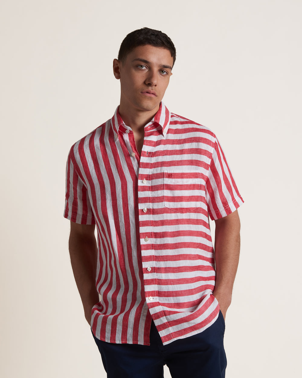 Ben Sherman B by Ben Sherman Candy Stripe Linen Short Sleeve Shirts Pink Red | 827FIHVKZ