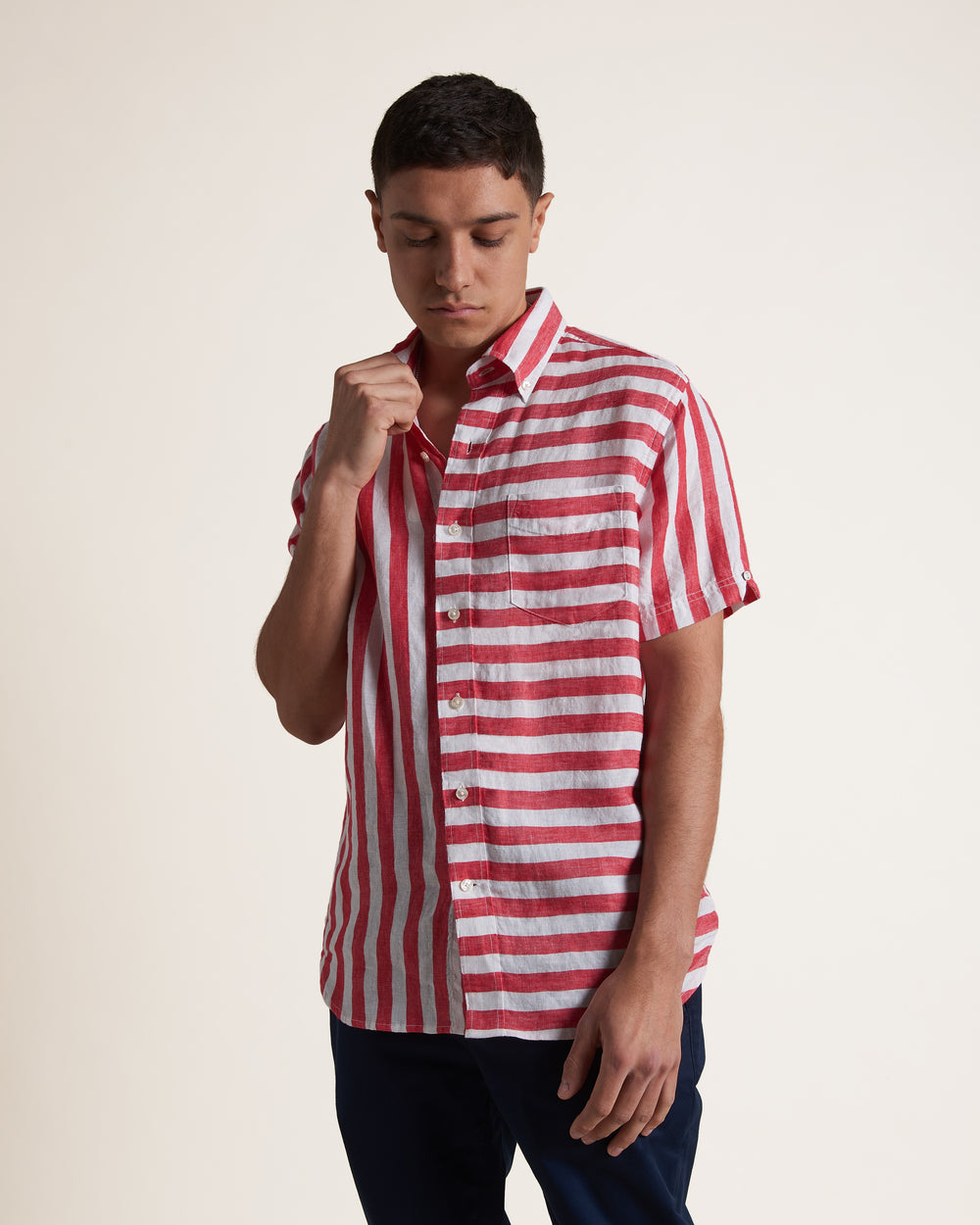 Ben Sherman B by Ben Sherman Candy Stripe Linen Short Sleeve Shirts Pink Red | 827FIHVKZ