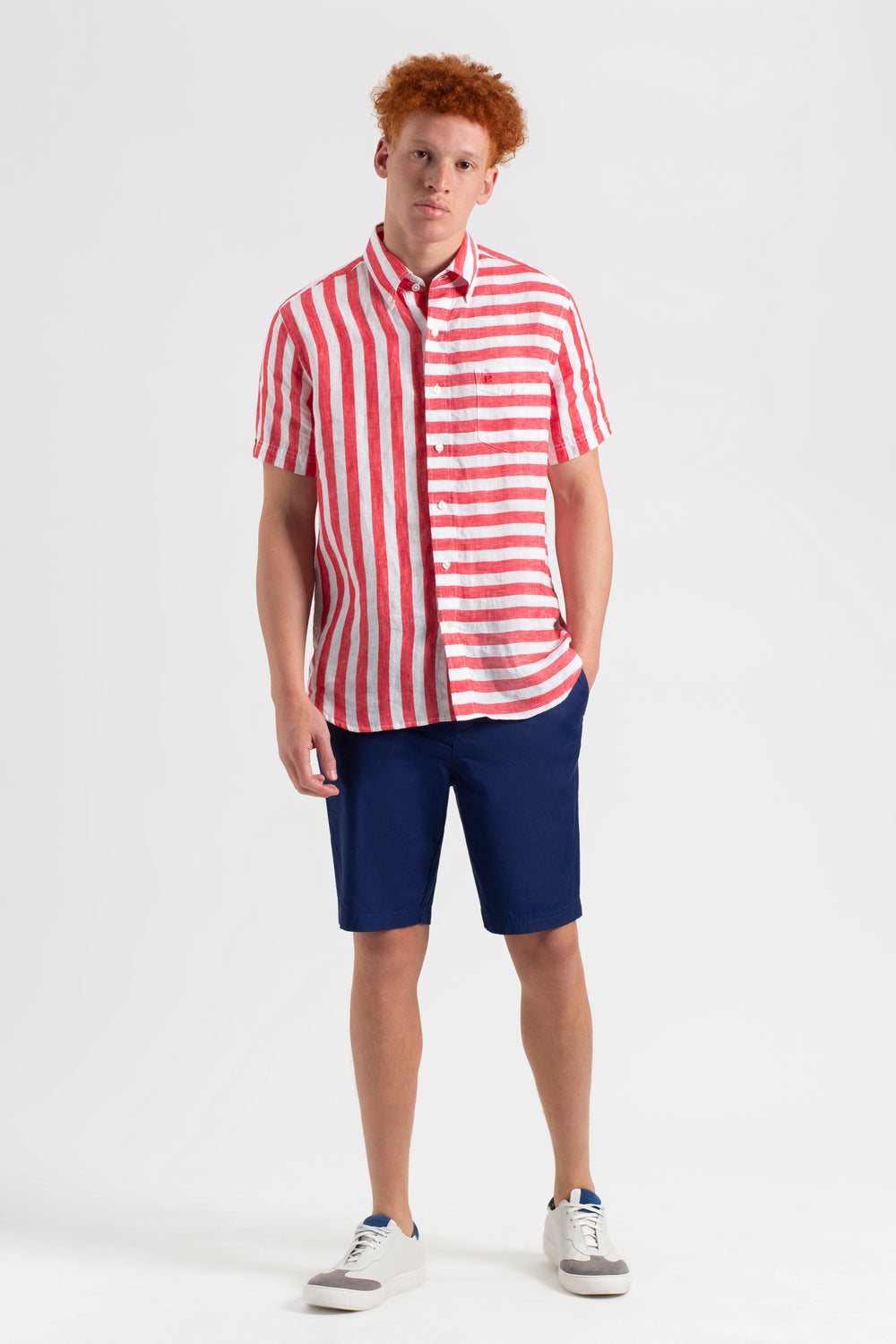 Ben Sherman B by Ben Sherman Candy Stripe Linen Short Sleeve Shirts Pink Red | 827FIHVKZ