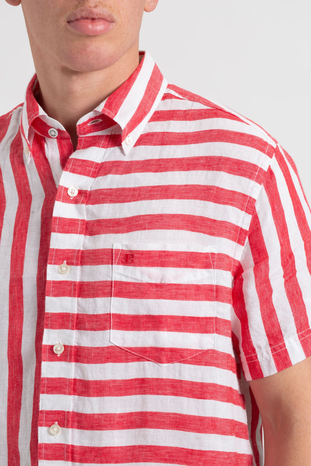 Ben Sherman B by Ben Sherman Candy Stripe Linen Short Sleeve Shirts Pink Red | 827FIHVKZ