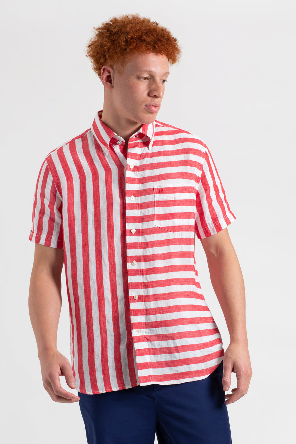 Ben Sherman B by Ben Sherman Candy Stripe Linen Short Sleeve Shirts Pink Red | 827FIHVKZ