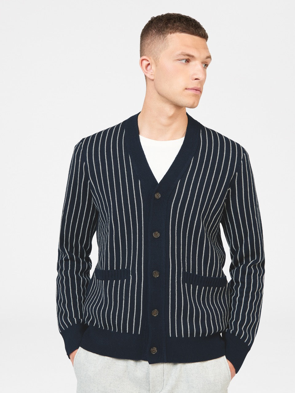 Ben Sherman Jacquard Stripe Cardigan Knitwear Navy | 068AEFTZH