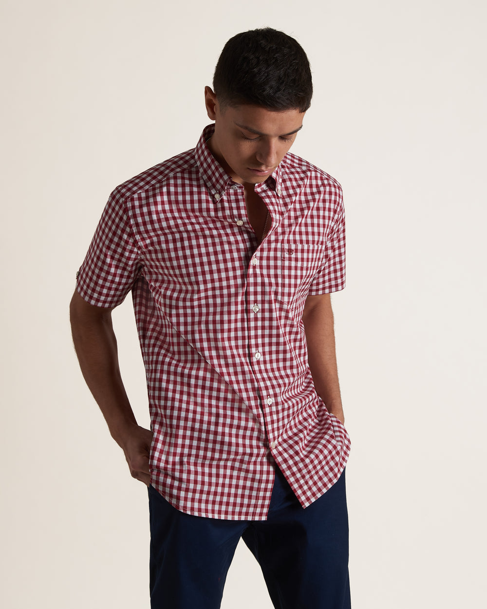 Ben Sherman Short Sleeve House Poplin Gingham Shirts Burgundy | 957UWNGQD