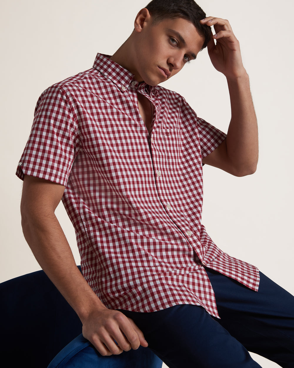 Ben Sherman Short Sleeve House Poplin Gingham Shirts Burgundy | 957UWNGQD