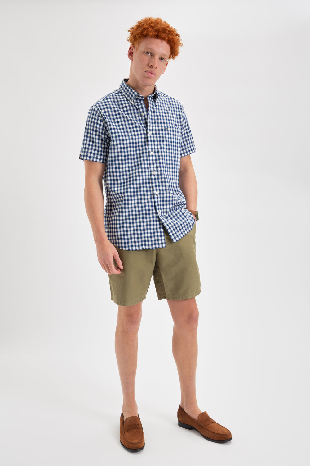 Ben Sherman Short Sleeve House Poplin Gingham Shirts Navy / Olive | 204ASHIKU